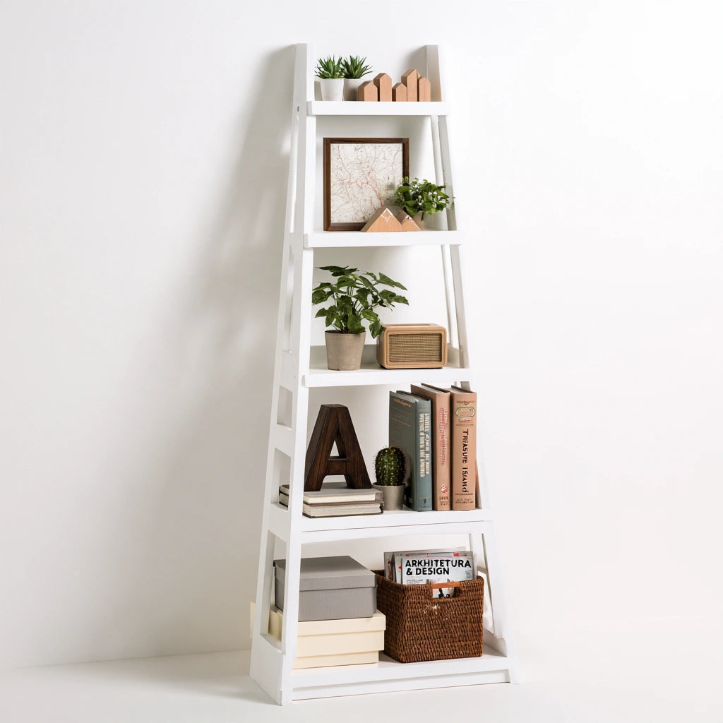 Libreria a più ripiani in legno a cinque livelli, colore bianco