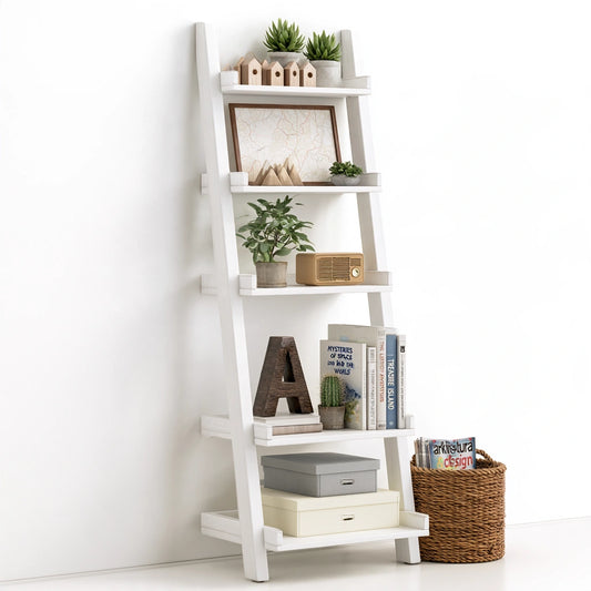 Libreria a più ripiani in legno a cinque livelli, colore bianco