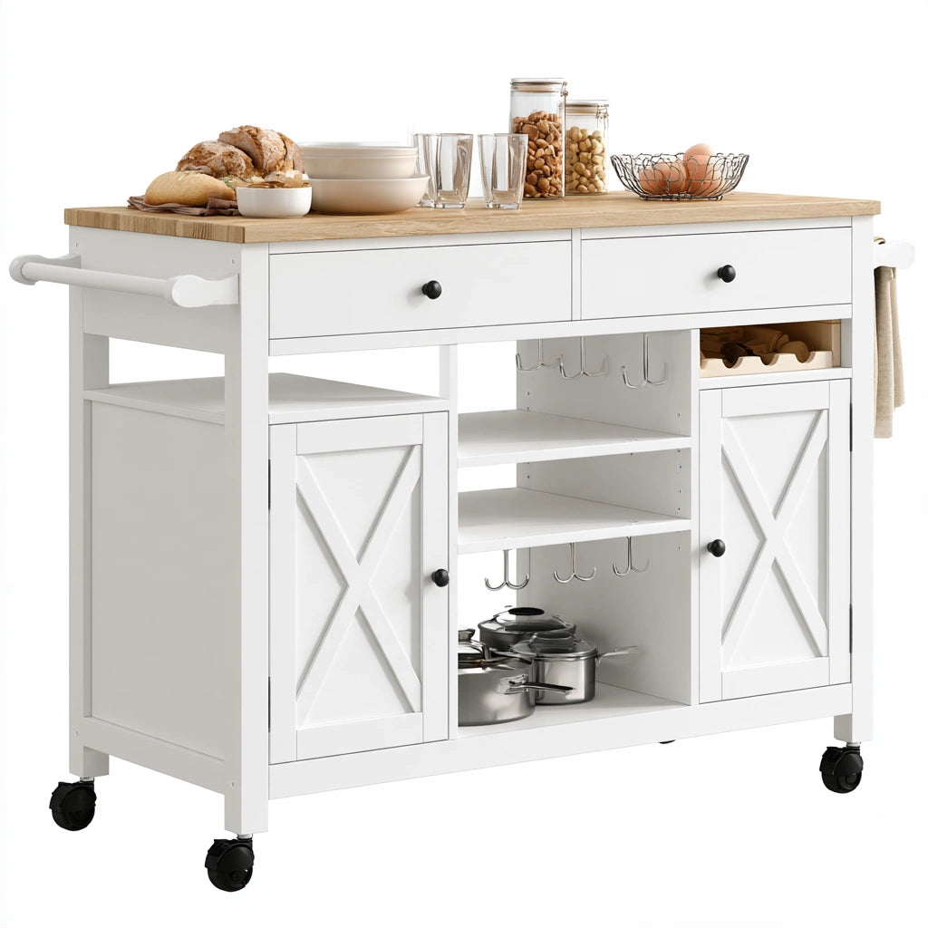 Isola da cucina mobile dalle linee essenziali su ruote, colore nero e bianco