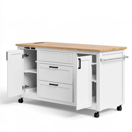 Isola da cucina mobile in legno su ruote, colore bianco e marrone chiaro