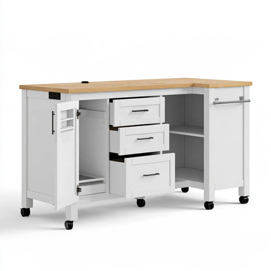 Isola da cucina mobile in legno su ruote, colore bianco e marrone chiaro