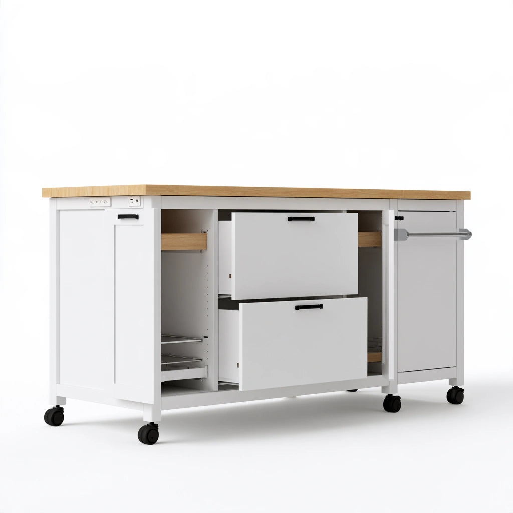 Isola da cucina mobile in legno su ruote, colore bianco e marrone chiaro