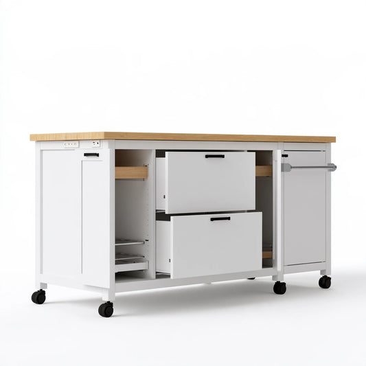 Isola da cucina mobile in legno su ruote, colore bianco e marrone chiaro