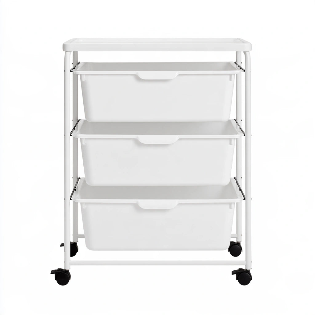 Carrello portaoggetti in metallo su ruote, colore bianco