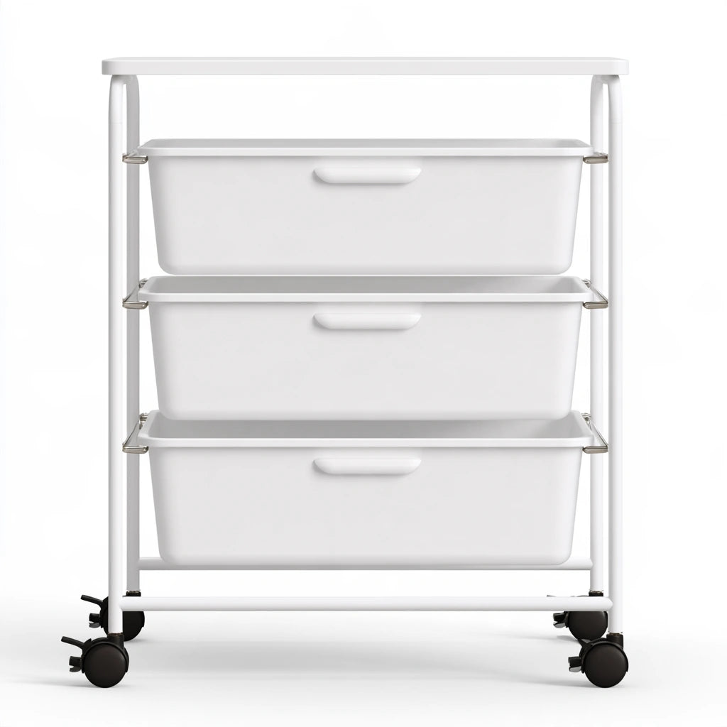 Carrello portaoggetti in metallo su ruote, colore bianco