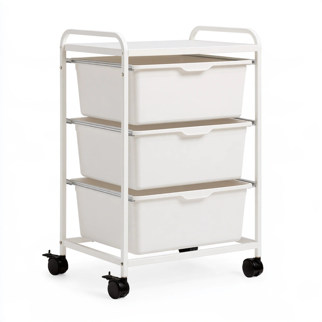 Carrello portaoggetti in metallo su ruote, colore bianco